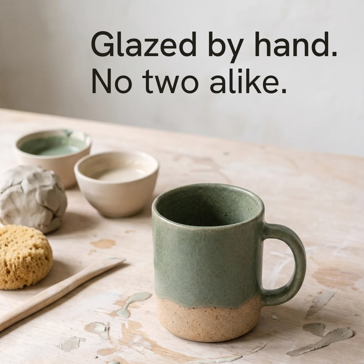Dirbtuvės nuotrauka: žalias puodelis ant stalo šalia molio gabalo, kempinės ir dubenėlių su glazūra, viršuje angliški užrašai „Glazed by hand.“ ir „No two alike.“