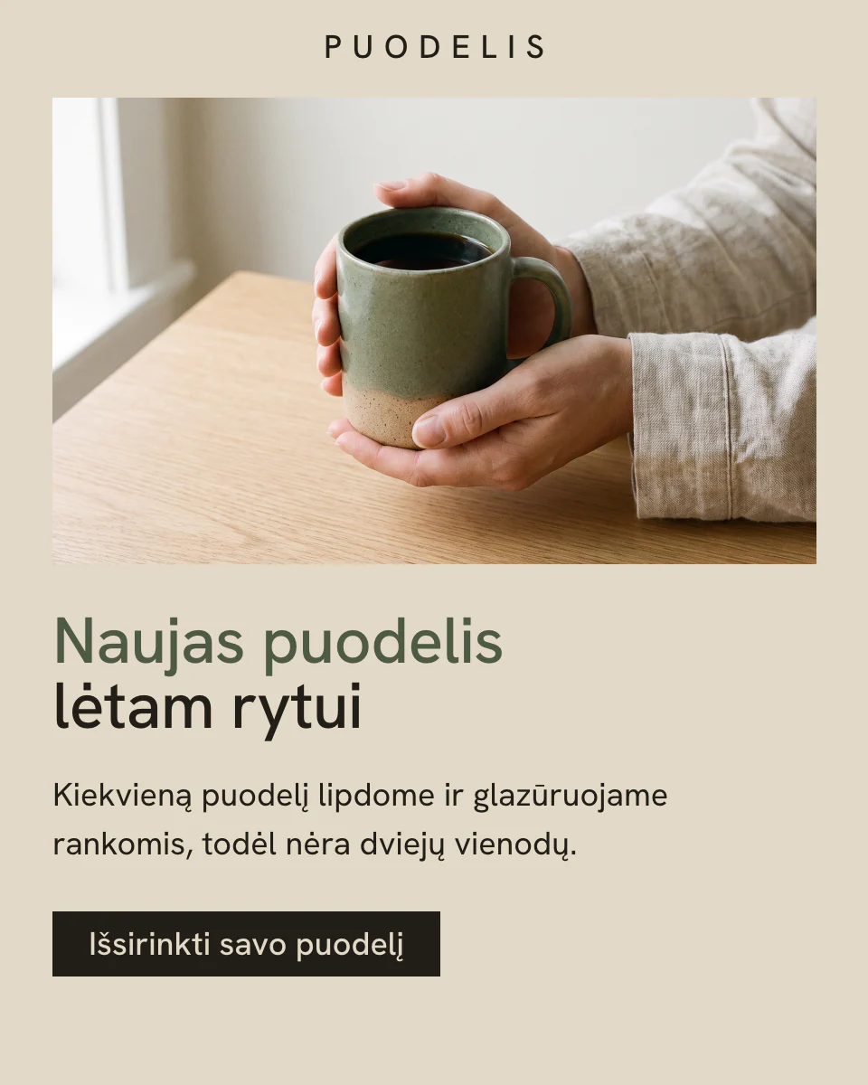 Naujienlaiškio pavyzdys: viršuje parduotuvės vardas „PUODELIS“, po juo nuotrauka, kurioje žmogus abiem rankomis laiko žalią puodelį virš medinio stalo prie lango, antraštė „Naujas puodelis lėtam rytui“, tekstas „Kiekvieną puodelį lipdome ir glazūruojame rankomis, todėl nėra dviejų vienodų.“ ir mygtukas „Išsirinkti savo puodelį“